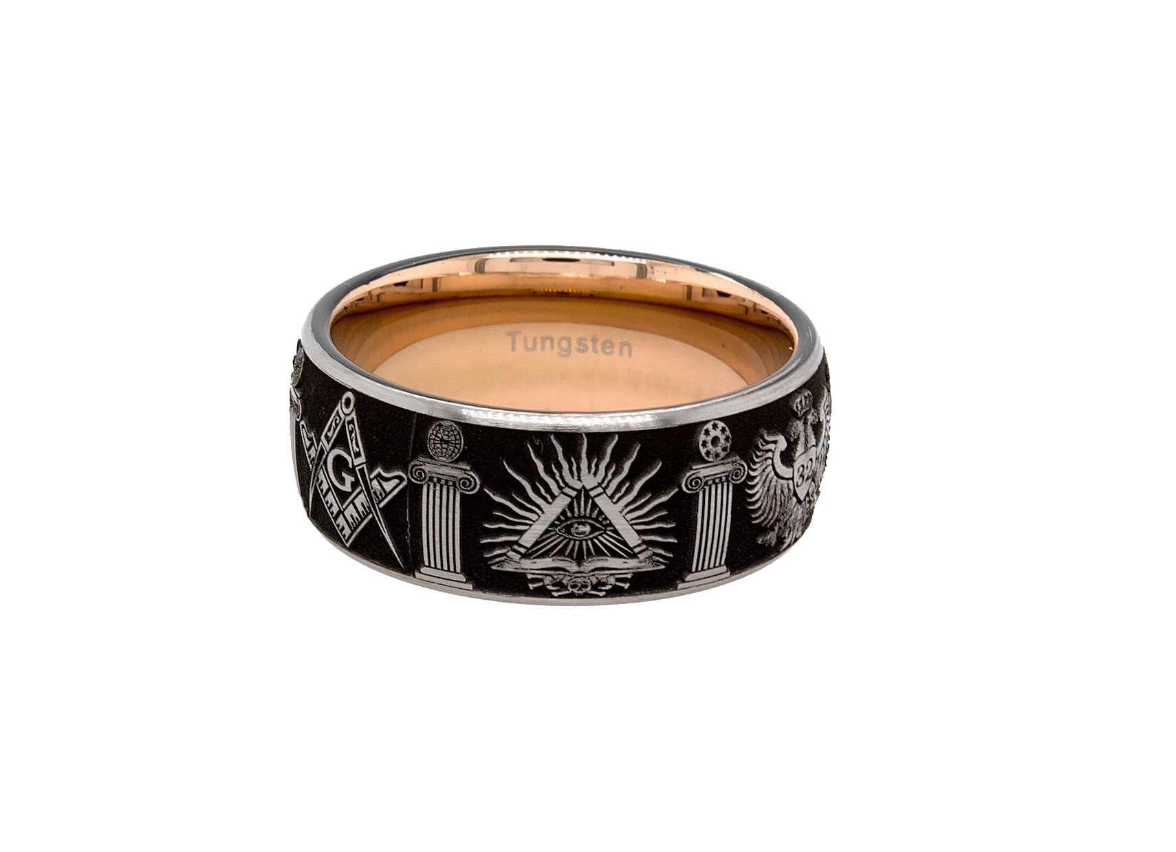 ring, ring with white background, masonic ring, tungsten ring, tungsten wedding band. rose gold ring, mason ring, ring with symbols, 8mm ring, dome shaped ring, wedding band, mens wedding band, women's wedding ba