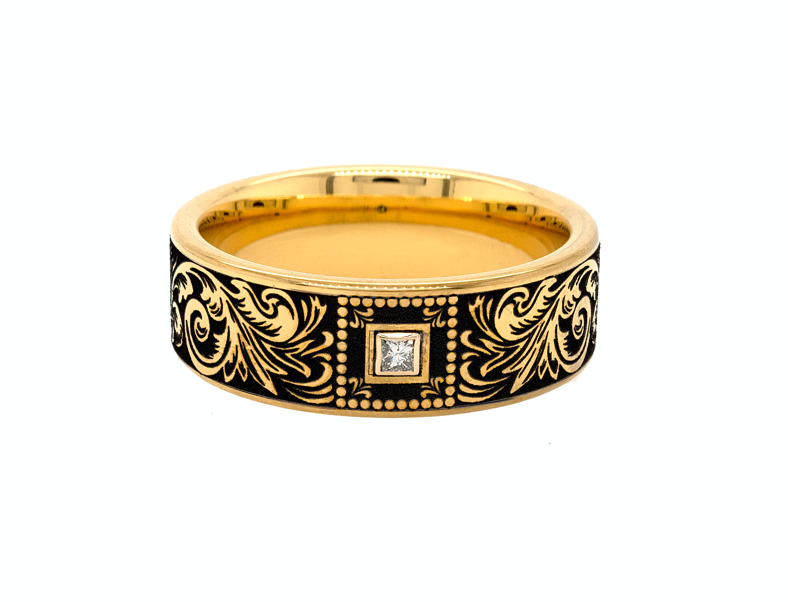 ring, ring with white background, yellow gold plated tungsten, engraved ring, yellow gold plated ring, square shaped ring, diamond ring, wedding band, mens wedding band, women's wedding band