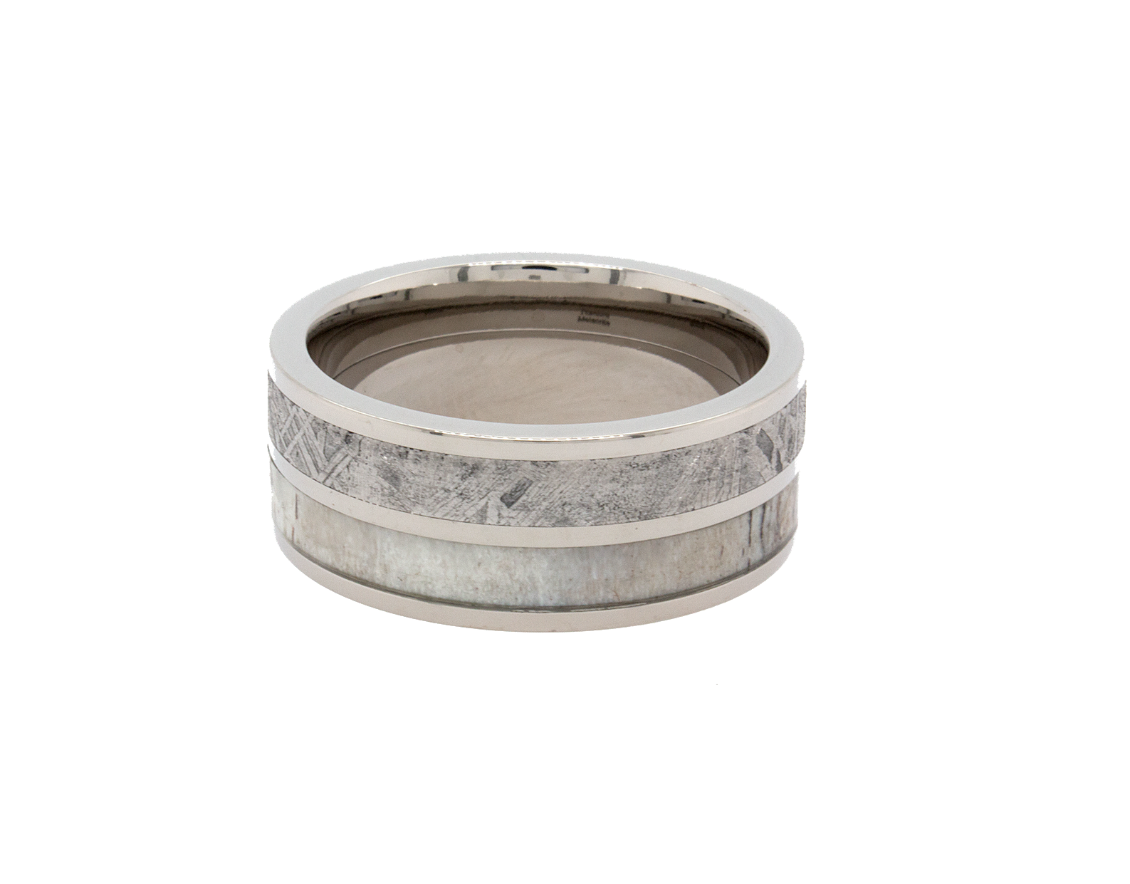 ring, ring on white background, titanium ring, titanium wedding band, meteorite ring, real meteorite, antler, antler ring, 9mm ring, 9mm titanium ring, polished ring, wedding band, mens wedding band, womens wedding band Edit alt text
