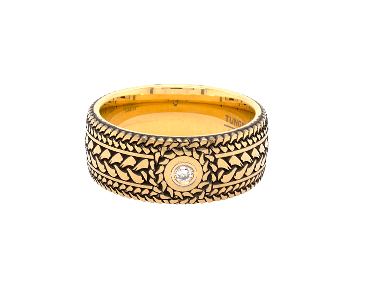 ring, ring on white background, ring with diamond, round cut diamond, engraved ring, braided pattern ring, yellow gold plated ring, 9mm ring, wedding band, mens wedding band