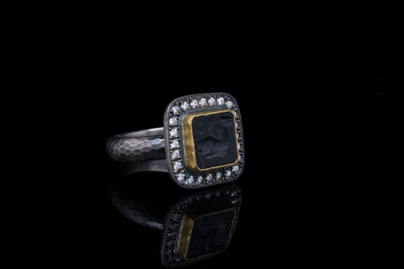 24k Gold and Silver Handmade Ring Featuring Pegasus on Black Onyx and Diamonds