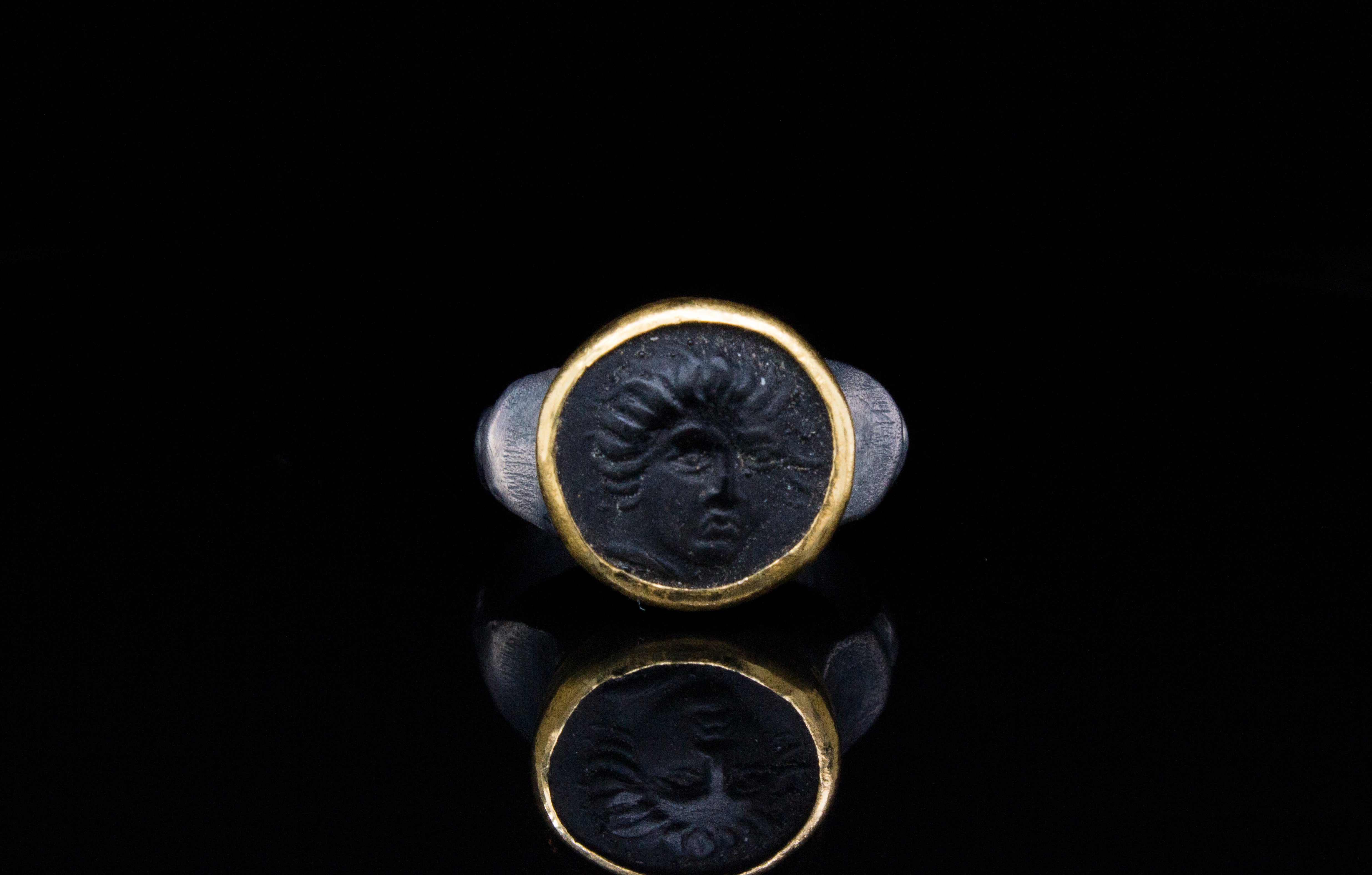 24k Gold and Silver Handmade Ring Featuring Medusa on Black Onyx