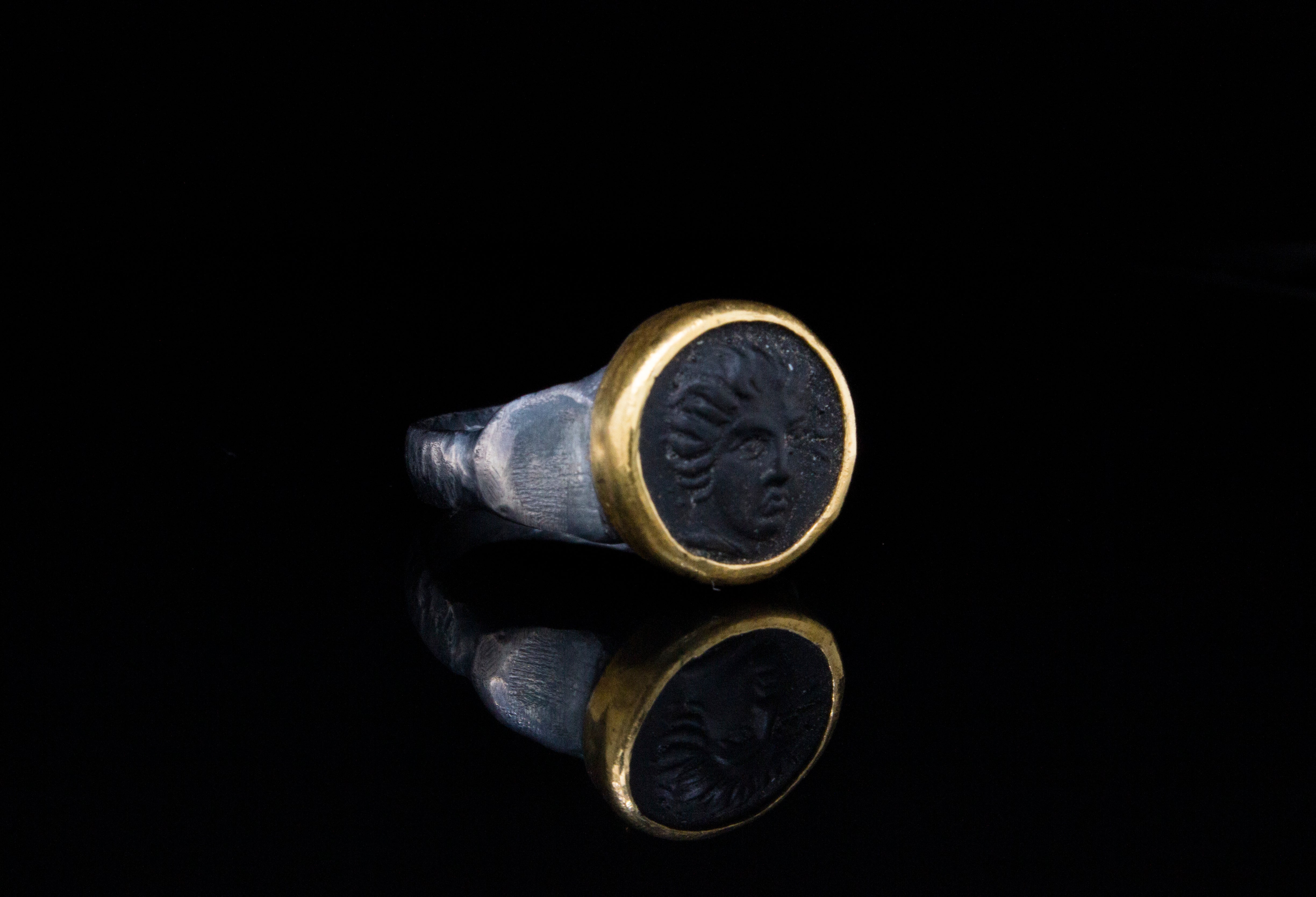 24k Gold and Silver Handmade Ring Featuring Medusa on Black Onyx