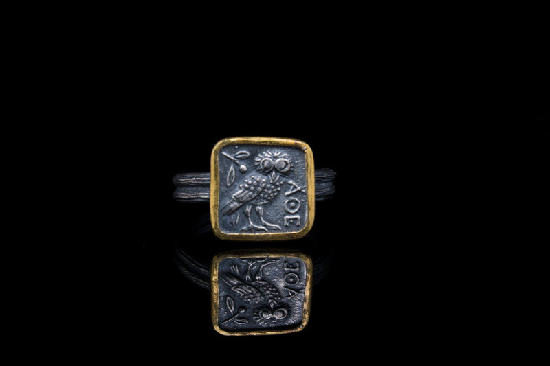 24k Gold and Silver Handmade Ring Featuring the Owl of Athena