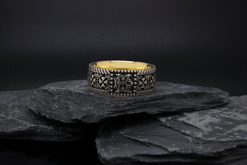 8mm Custom Made Silver Ring with Yellow Gold Plated Interior, Crosses and Custom Monogram
