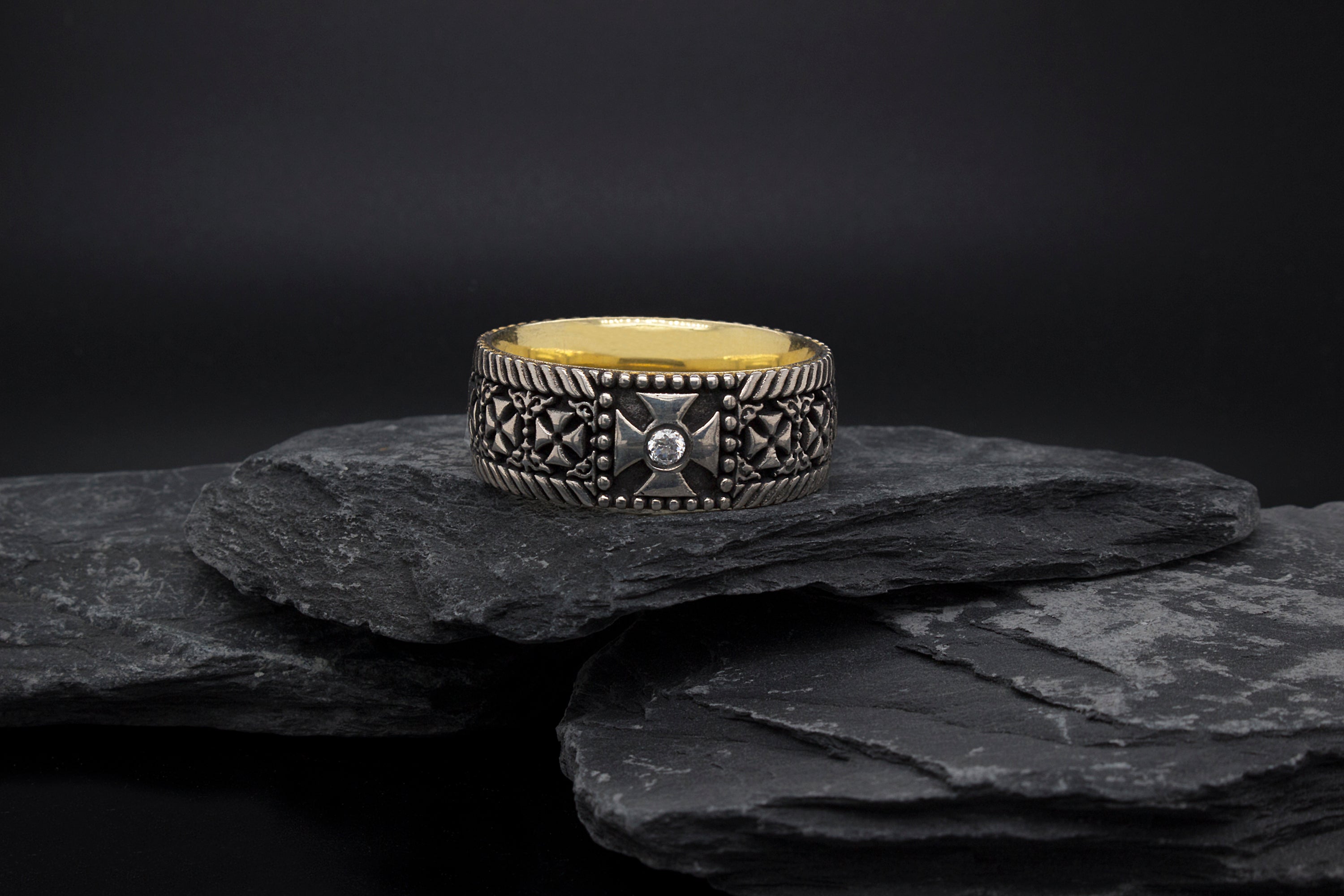 8mm Custom Made, Silver Ring with Yellow Gold Plated Interior, Celtic Crosses and Diamond