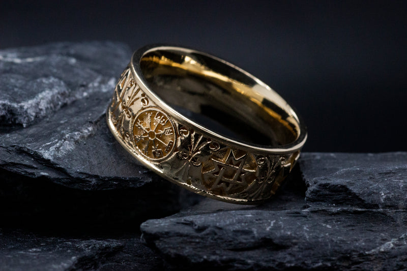 8mm Custom Made, Dome Shaped, Solid Yellow Gold Ring with Viking Symbols
