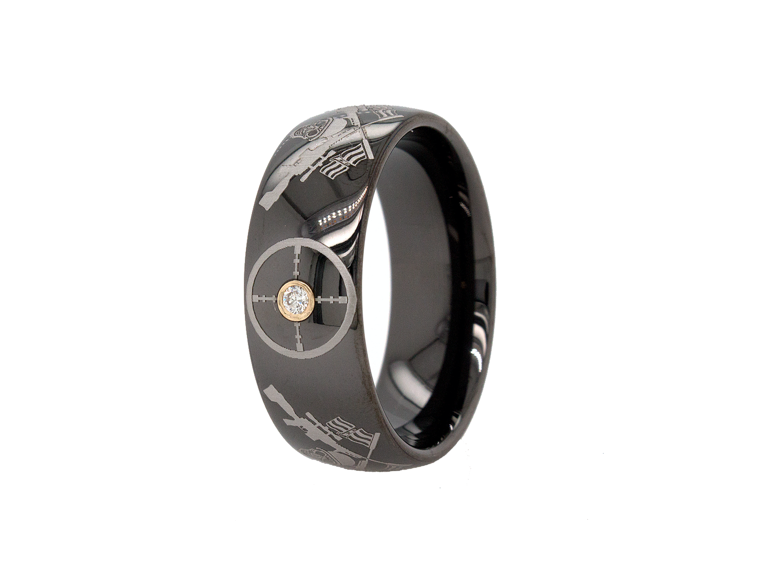 ring, ring in white background, black ring, polished ring, engraved ring, military ring, american flag, gun, target, diamond, diamond ring, diamond wedding band, diamond tungsten ring