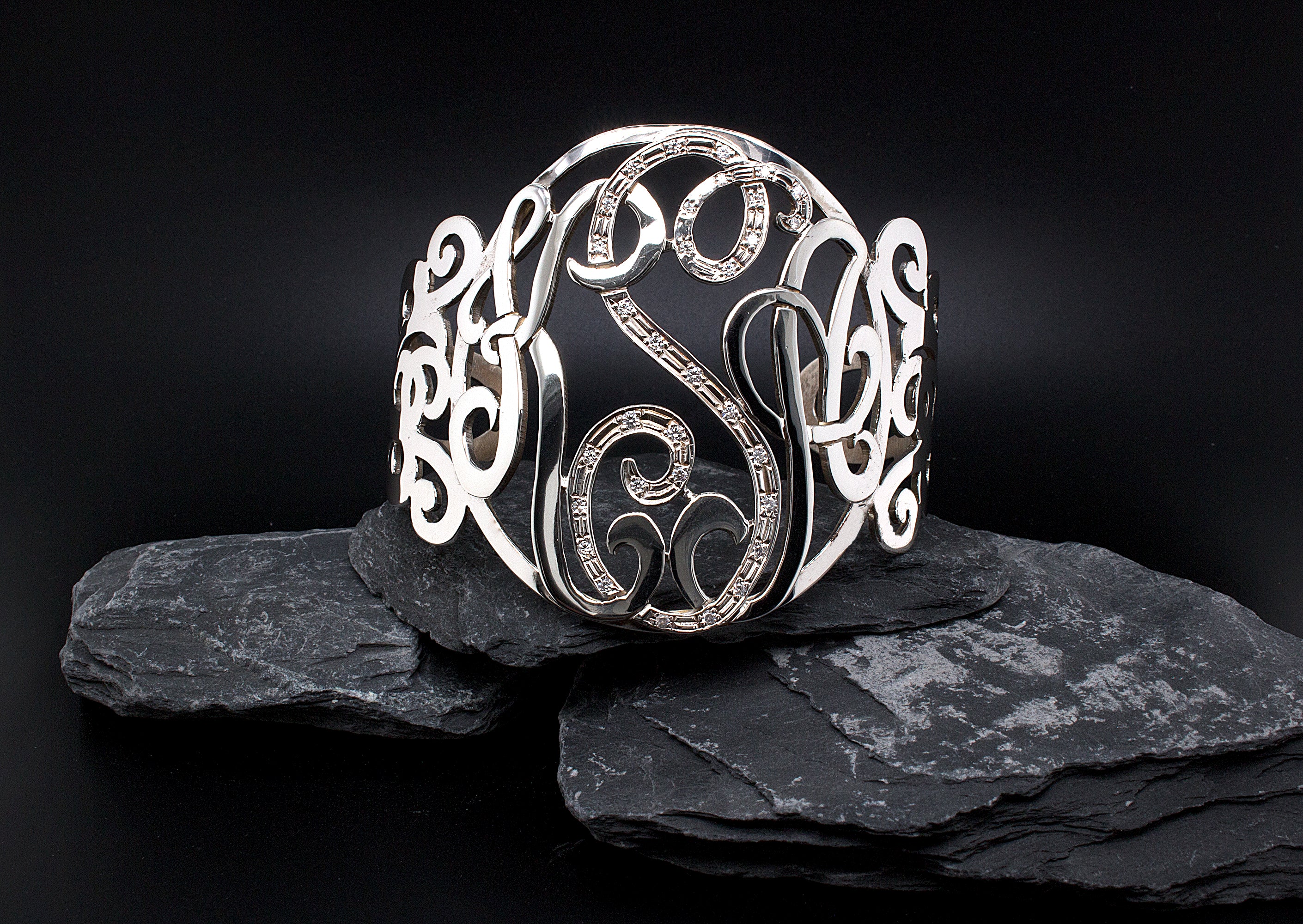 bracelet, bracelet on white background, sterling silver cuff, cuff bracelet, sterling silver, custom cuff bracelet, cubic zirconia bracelet, monogram, monogram bracelet, initial bracelet, womens bracelet, one of a kind bracelet