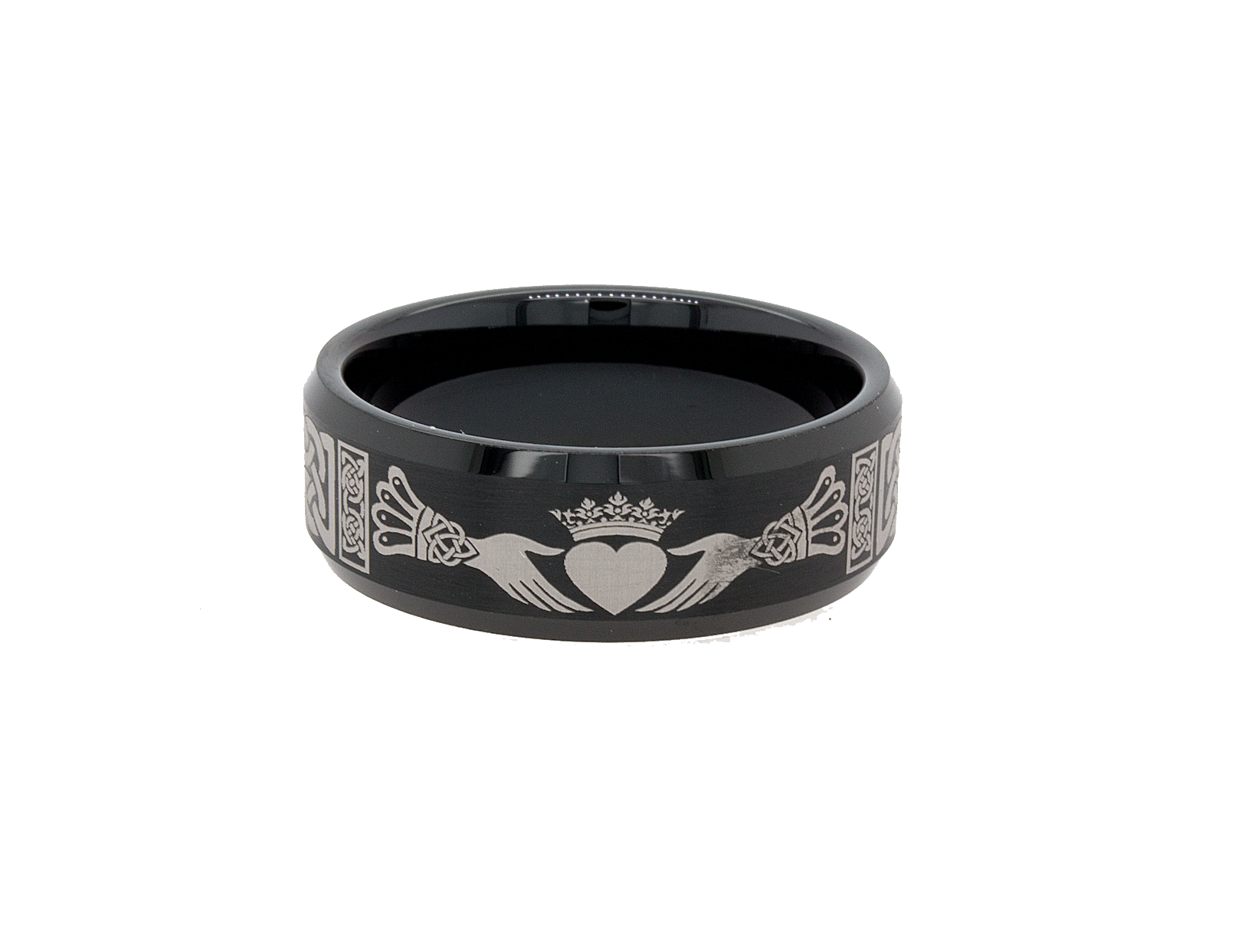ring, ring on white background, black ring, black tungsten ring, mens wedding band, wedding band, irish ring, irish claddagh ring, claddagh ring, celtic ring, celtic wedding band