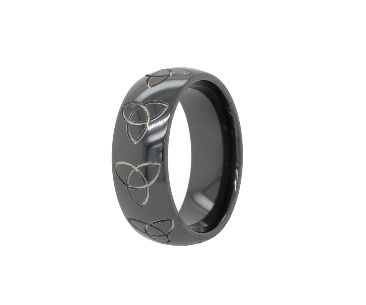 ring, ring on white background, black ring, black zirconium, zirconium wedding band, celtic ring, celtic knot ring, mens ring, women's ring