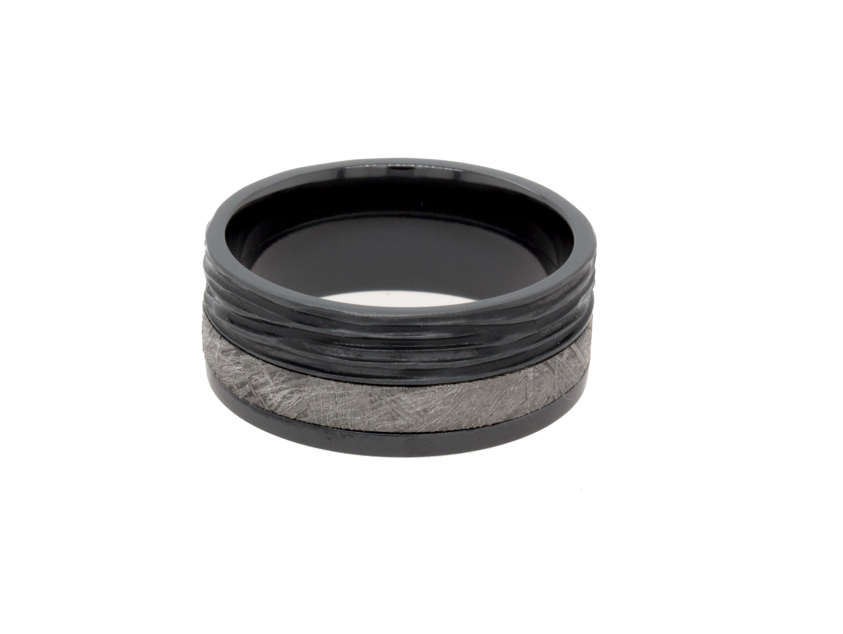9mm Custom Made Black Zirconium Ring with Real Meteorite Inlay and Natural Textures