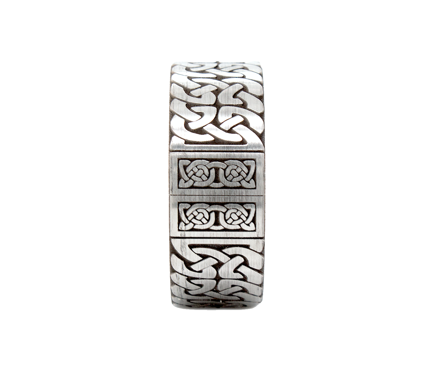ring, ring with white backgrounds, tungsten wedding band, black plated tungsten, celtic knot engraving, celtic ring, celtic pattern, engraved ring, pipe cut ring