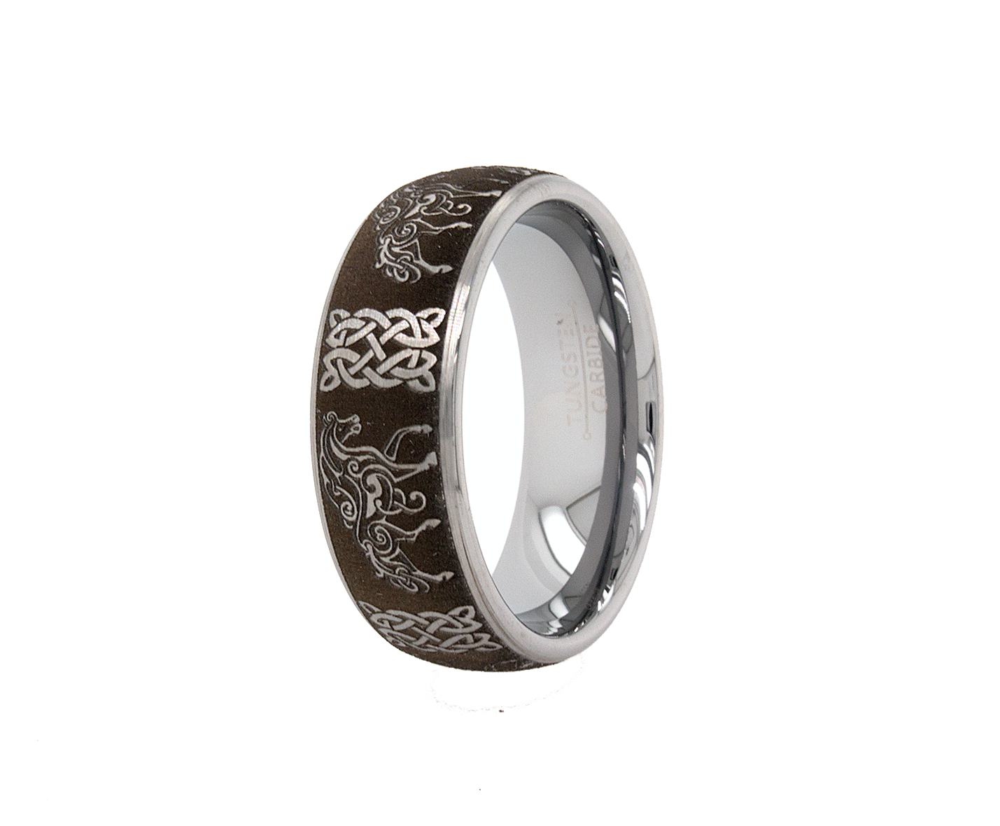 ring, ring on white background, matte black ring, matte ring, 8mm ring, celtic, celtic knot, celtic knot ring, ring with horses, horse ring, irish ring, wedding band, mens wedding band, women's wedding band