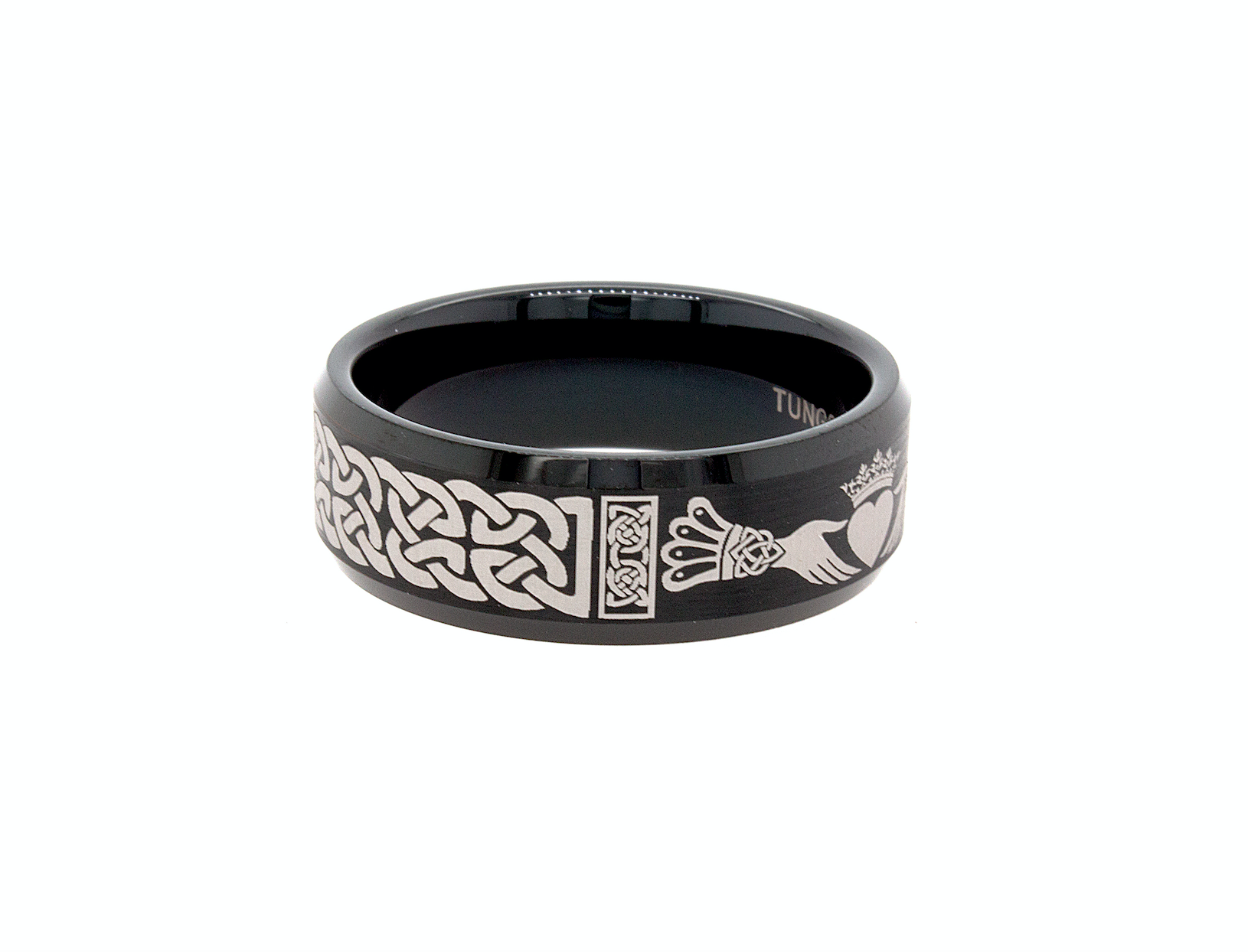 ring, ring on white background, black ring, black tungsten ring, mens wedding band, wedding band, irish ring, irish claddagh ring, claddagh ring, celtic ring, celtic wedding band