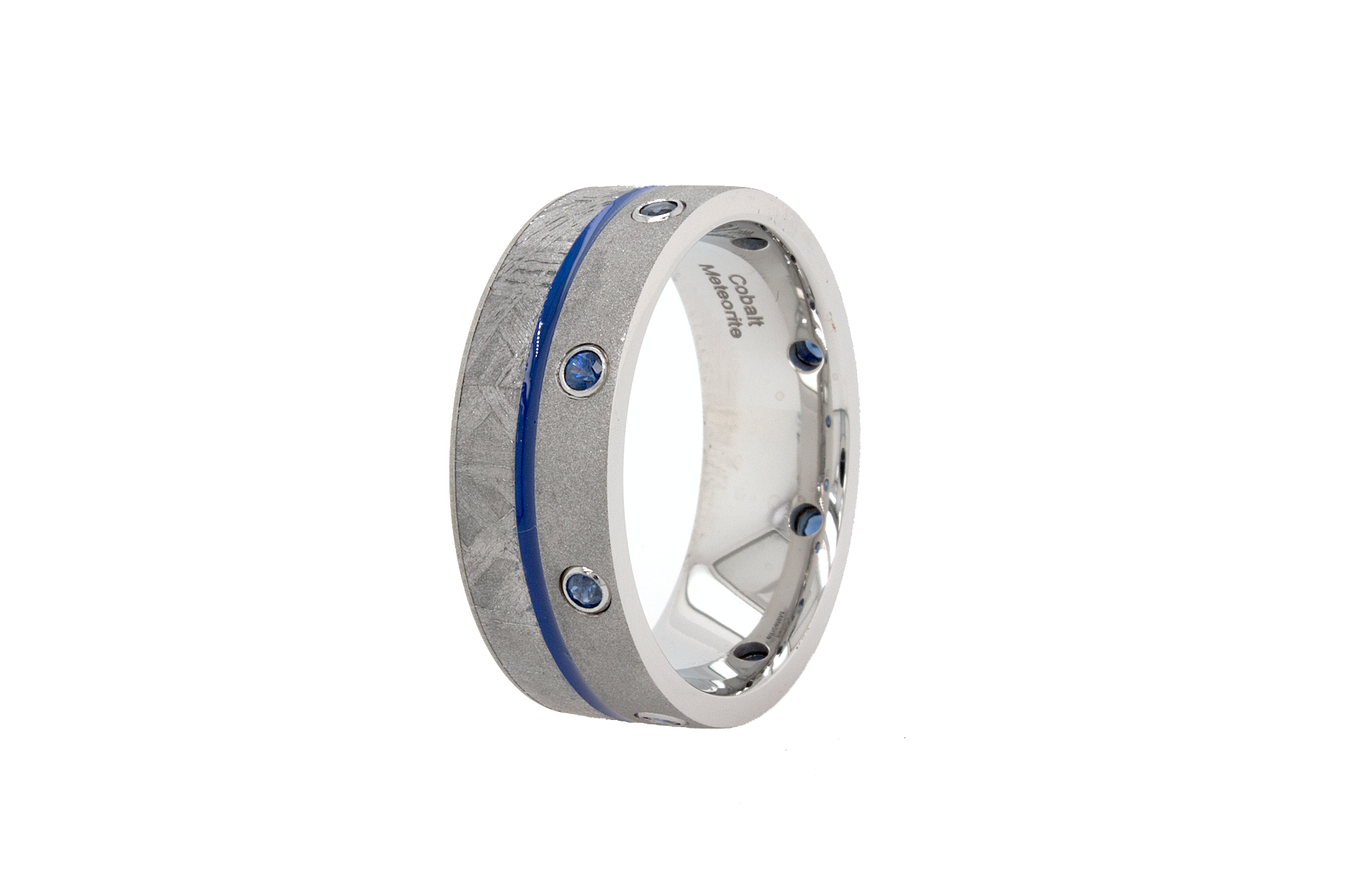 ring, ring on white background, cobalt ring, cobalt wedding band, ring with sapphires, sapphire wedding band, meteorite ring, ring with meteorite inlay, sapphire cobalt ring  Edit alt text