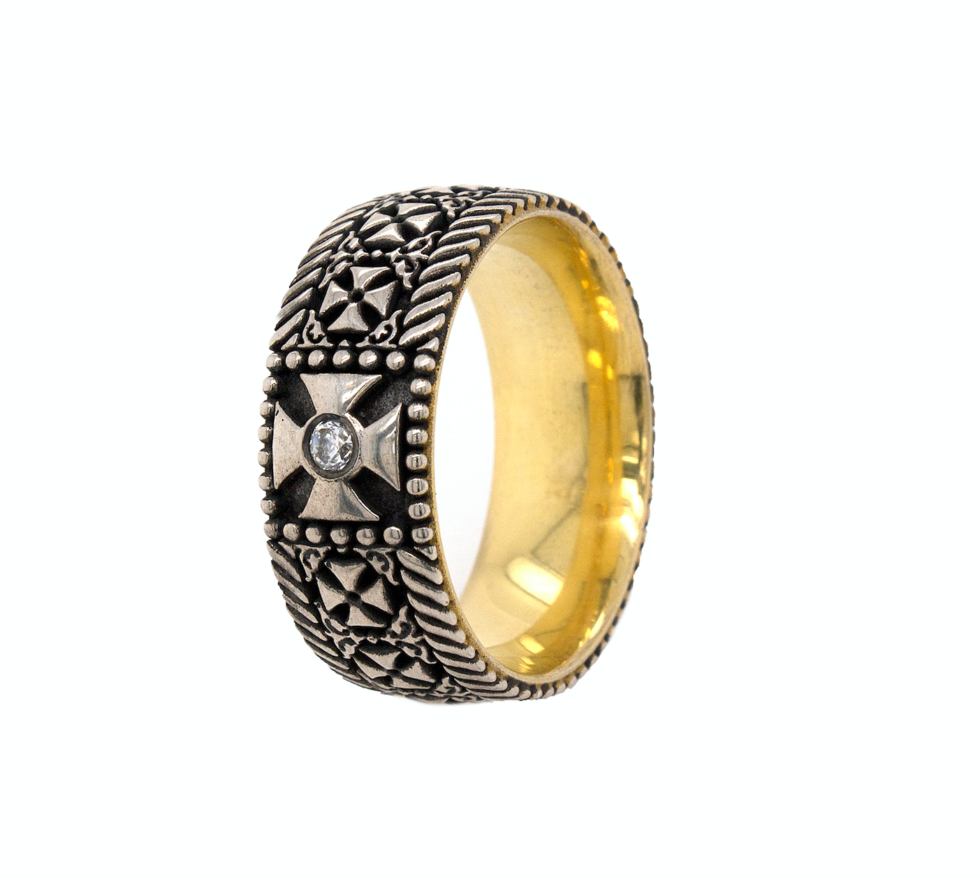 ring, ring on white background, sterling silver ring, yellow gold plate ring, oxidized silver ring, cross ring, ring with crosses, diamond ring, ring with diamond, celtic cross ring, mens ring, women's ring, celtic ring