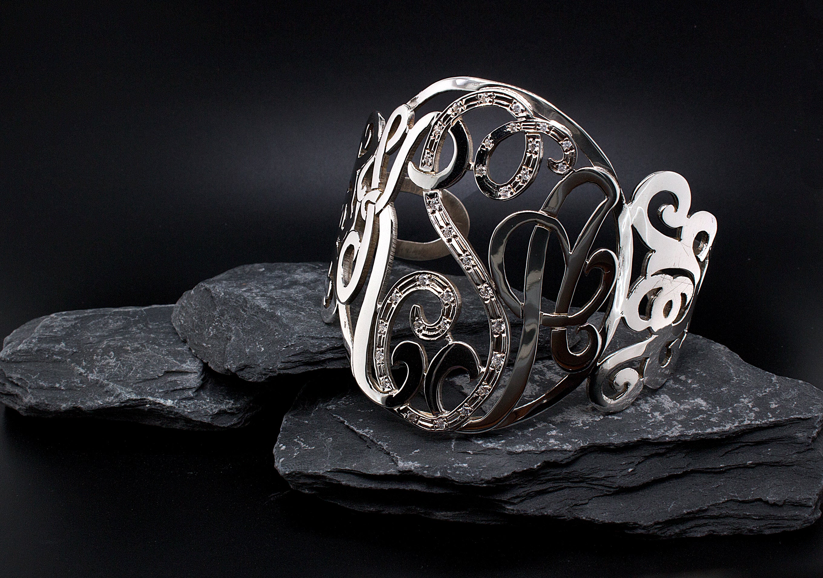 bracelet, bracelet on white background, sterling silver cuff, cuff bracelet, sterling silver, custom cuff bracelet, cubic zirconia bracelet, monogram, monogram bracelet, initial bracelet, womens bracelet, one of a kind bracelet