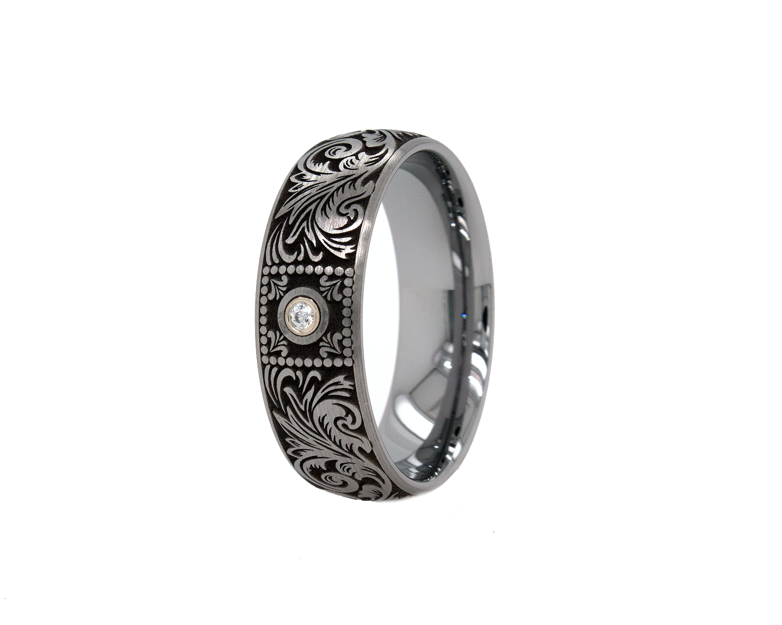 ring, ring with white background, tungsten ring, diamond ring, wedding band, custom tungsten ring, diamond wedding band, diamond tungsten ring, victorian wedding band, engraved ring