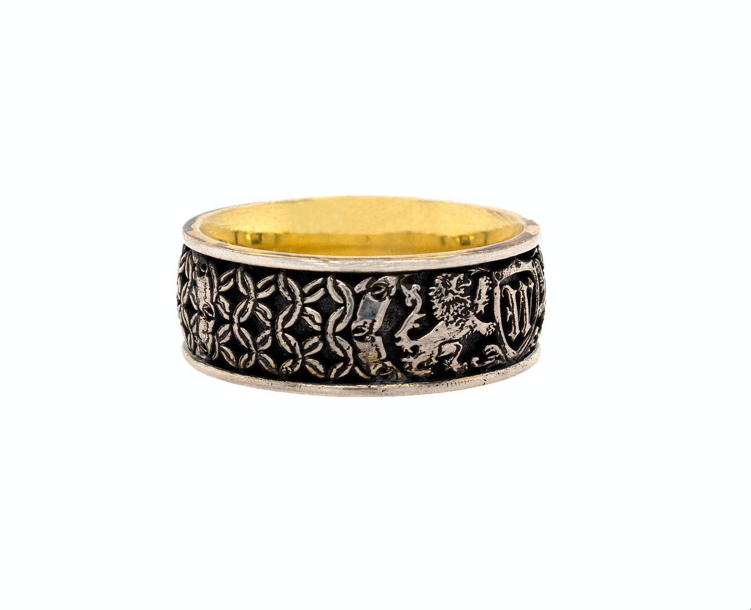 ring, ring with white background, silver ring, yellow gold plated ring, silver and gold ring, mens rings, women's ring, medieval ring, ring with lions, ring with shield, initial ring, personalized ring, custom silver ring