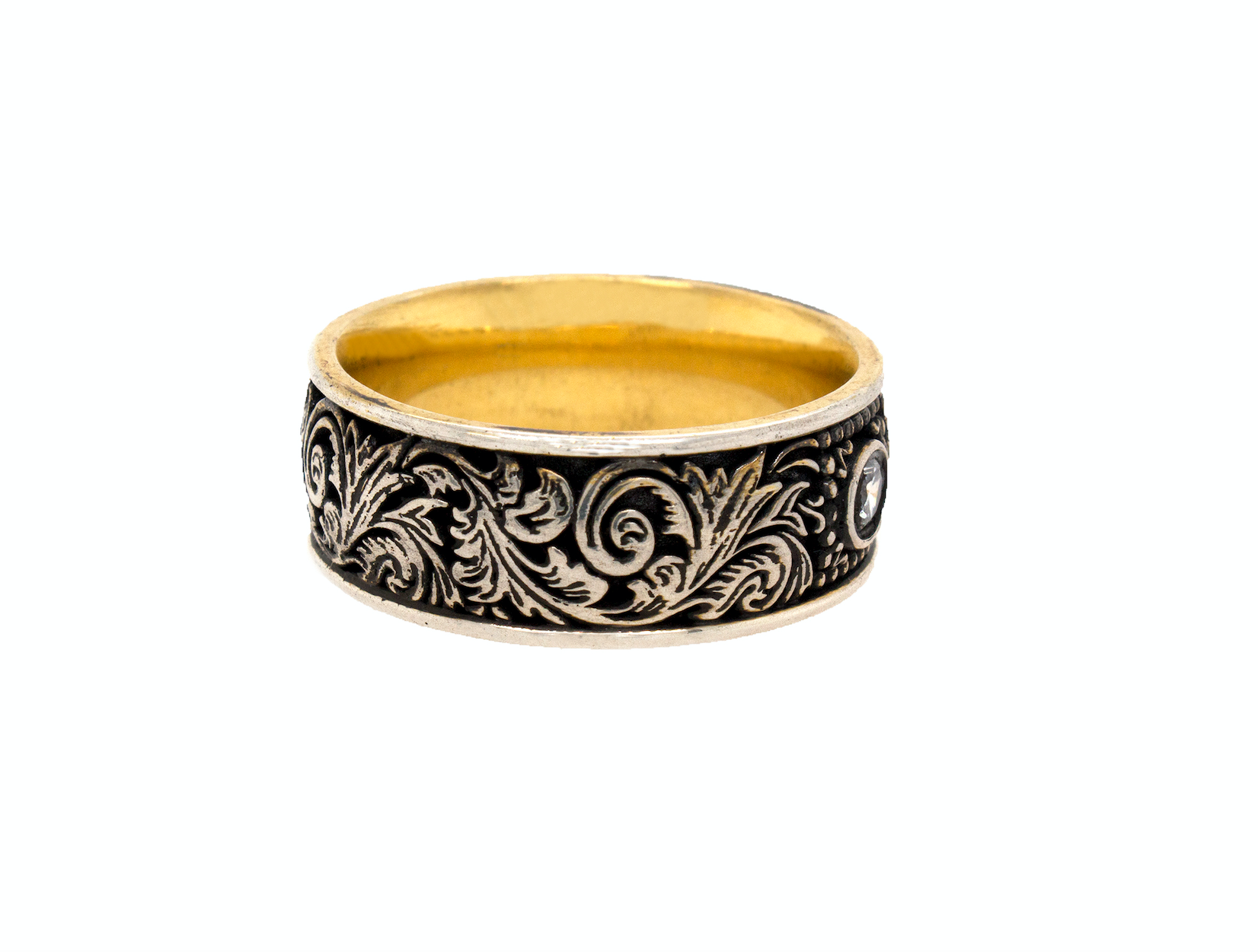 ring, ring on white background, silver ring, sterling silver ring, oxidized ring, yellow gold plated ring, diamond ring, round shaped diamond, yellow gold plated silver ring, oxidized silver ring, victorian ring, engraved ring, custom ring, mens ring, women's ring