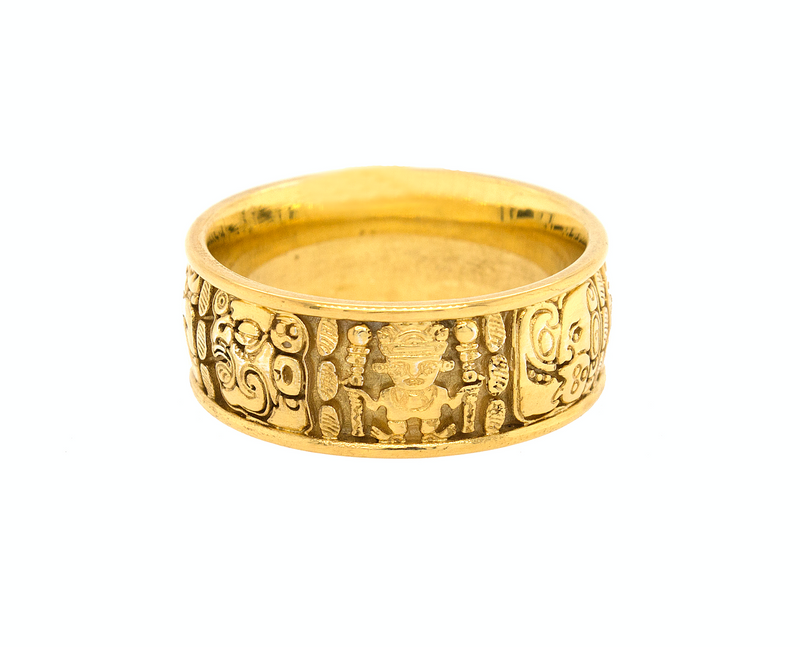 ring, ring on white background, mens ring, womens ring, wedding band, solid gold ring, gold wedding band, mayan ring, ring with mayan symbols, engraved ring, custom ring, unique ring, historical ring