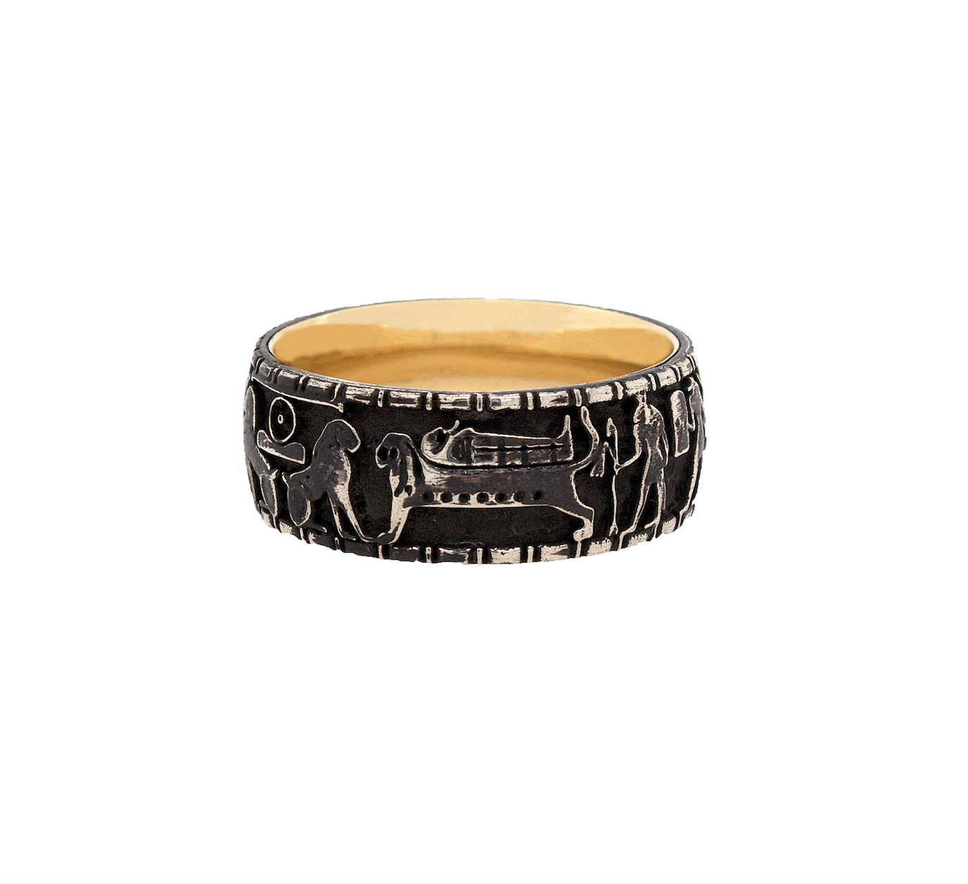 ring, ring on white background, silver ring, sterling silver ring, fashion jewelry, engraved ring, oxidized silver ring, yellow gold plated ring, ancient Egyptian ring, Egyptian symbols, ring for him, ring for her, historical ring