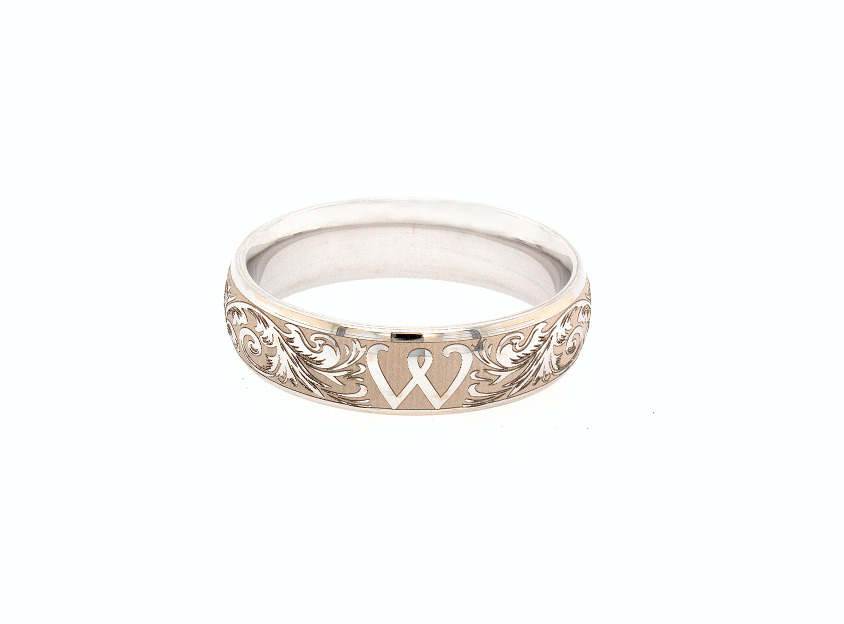 ring, ring on white background, solid white gold ring, ring with w initial, ring with victorian designs, victorian wedding band, thin ring, custom ring, personalized wedding band, personalized ring with initial