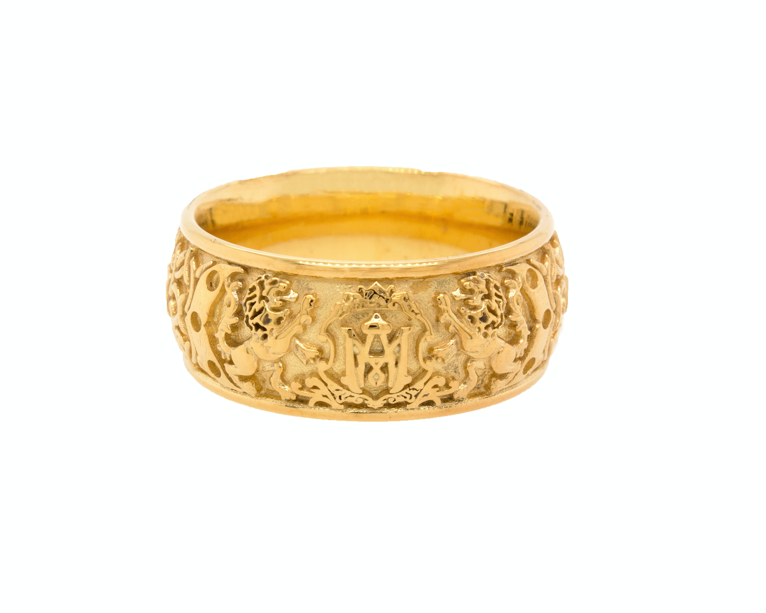ring, ring on white background, gold ring, yellow gold ring, mens ring, wedding band, custom wedding band, ring with initials, personalized ring, medieval engravings, medieval inspired ring, ring with lions, monogram ring, unisex wedding band