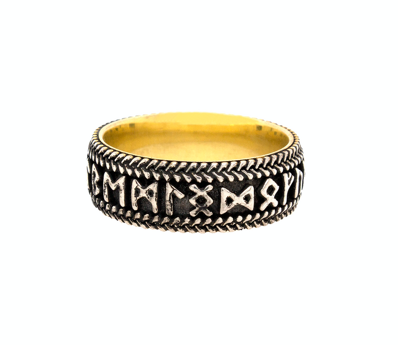 ring, ring on white background, mens rings, women's rings, yellow gold plated ring, runic ring, viking ring, custom ring, sterling silver ring, silver ring, runes ring, personalized engraving, engraved ring