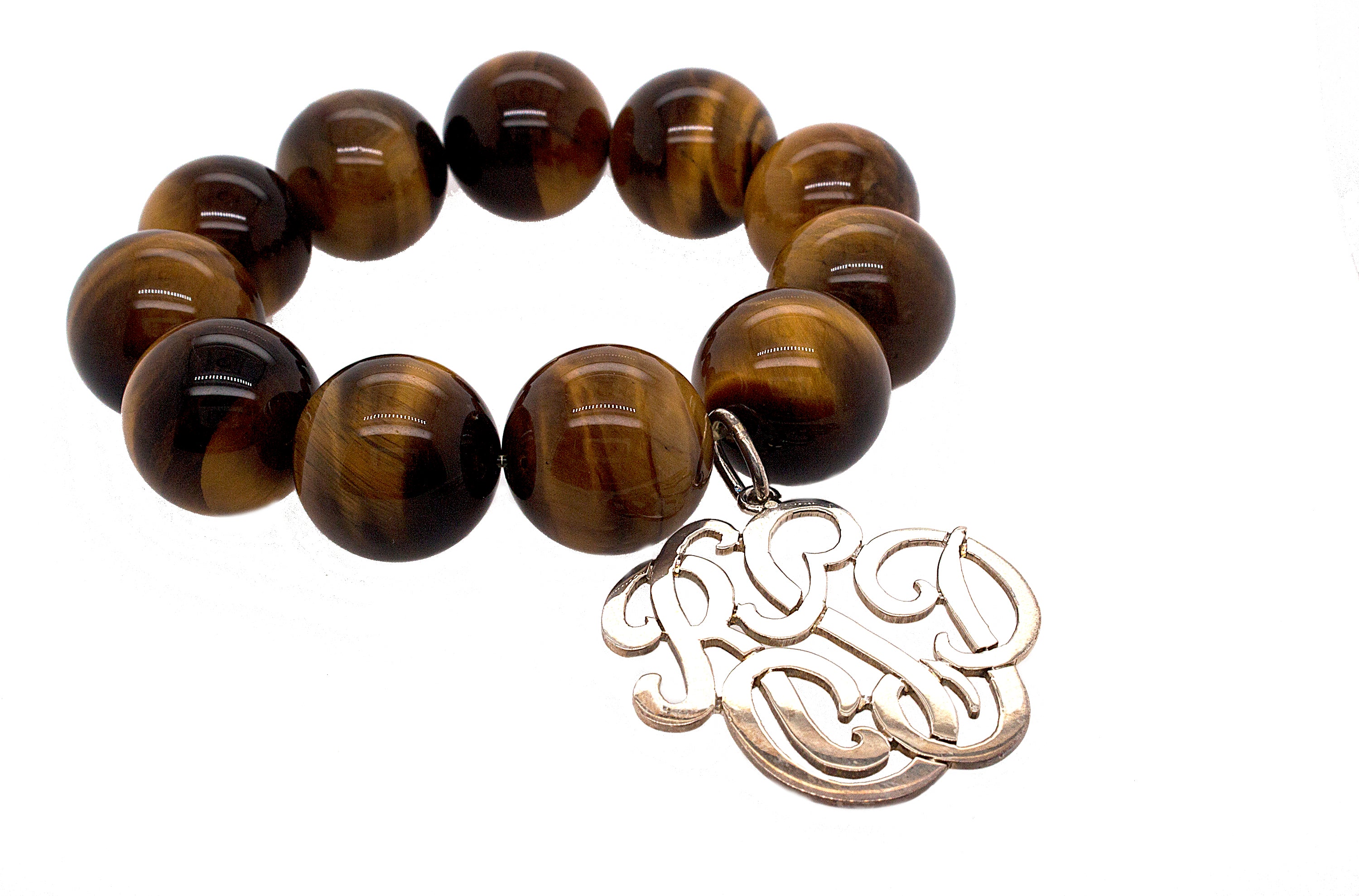 custom bracelet, bracelet, beaded bracelet, tiger eye bracelet, tiger eye beads, large tiger eye beads, custom monogram, silver monogram bracelet, initial bracelet, custom initial