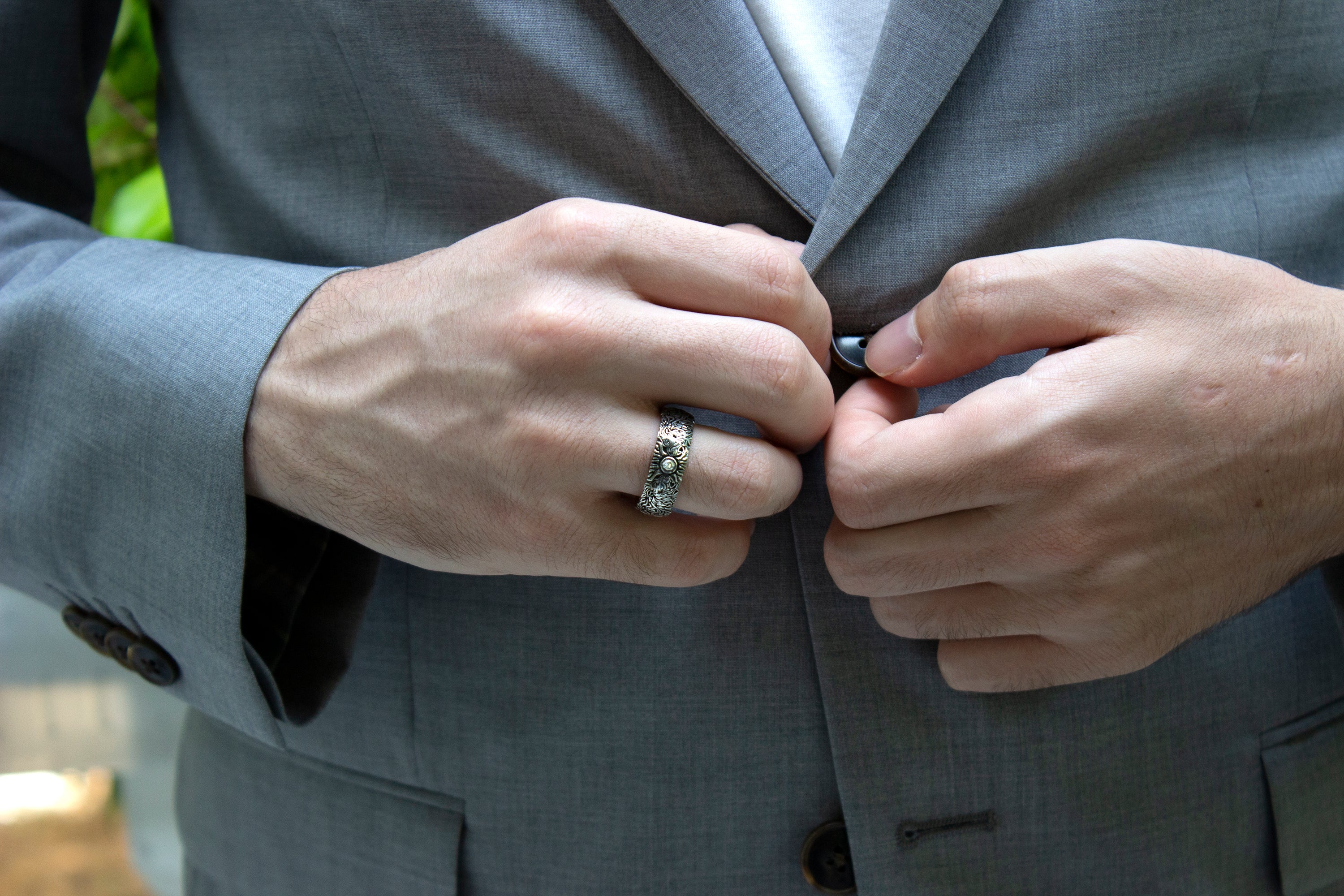 ring, ring on white background, mens rings, women's rings, ring with yellow gold plated interior, engraved ring, ring with lion heads, diamond ring, silver ring, sterling silver ring, medieval ring