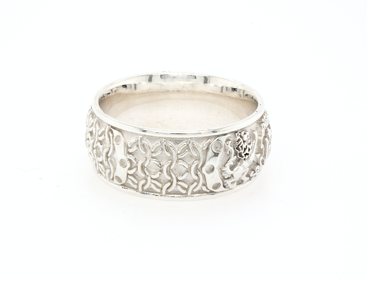 ring, ring with white background, silver ring, medieval ring, engraved wedding band, monogram ring, ring with lions, deep engraved, 8mm, dome shaped, sterling silver