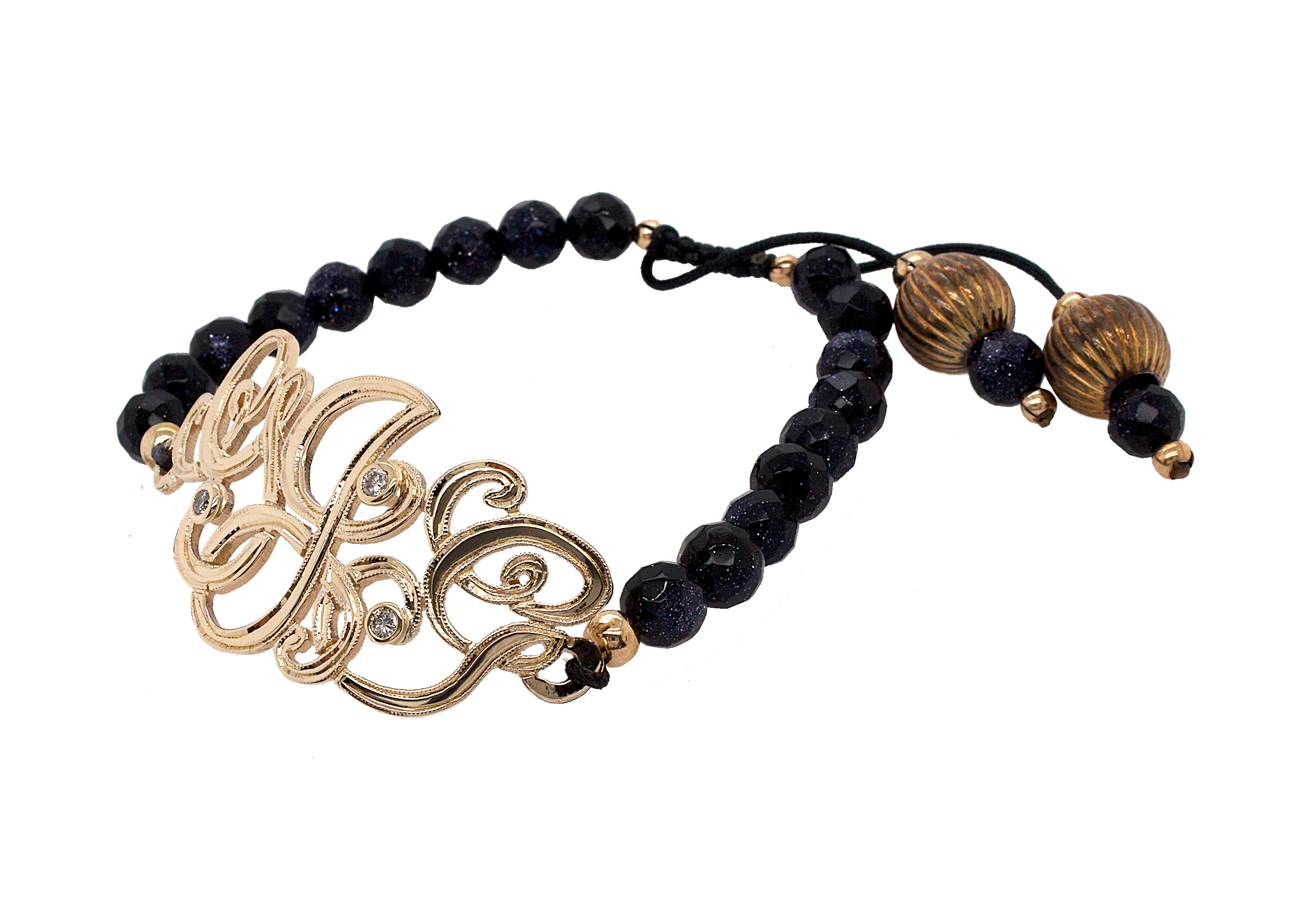 bracelet, bracelet on white background, solid gold monogram, monogram, custom monogram, initial bracelet, engraved bracelet, diamond monogram, diamond bracelet, beaded bracelet, adjustable bracelet, sandstone bracelet, solid gold bracelet