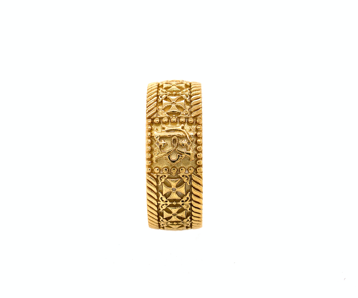 ring, ring on white background, gold ring, yellow gold ring, solid gold ring, mens ring, women's ring, solid gold wedding band. ring with celtic cross, cross ring, monogram ring, personalized monogram ring, initial ring
