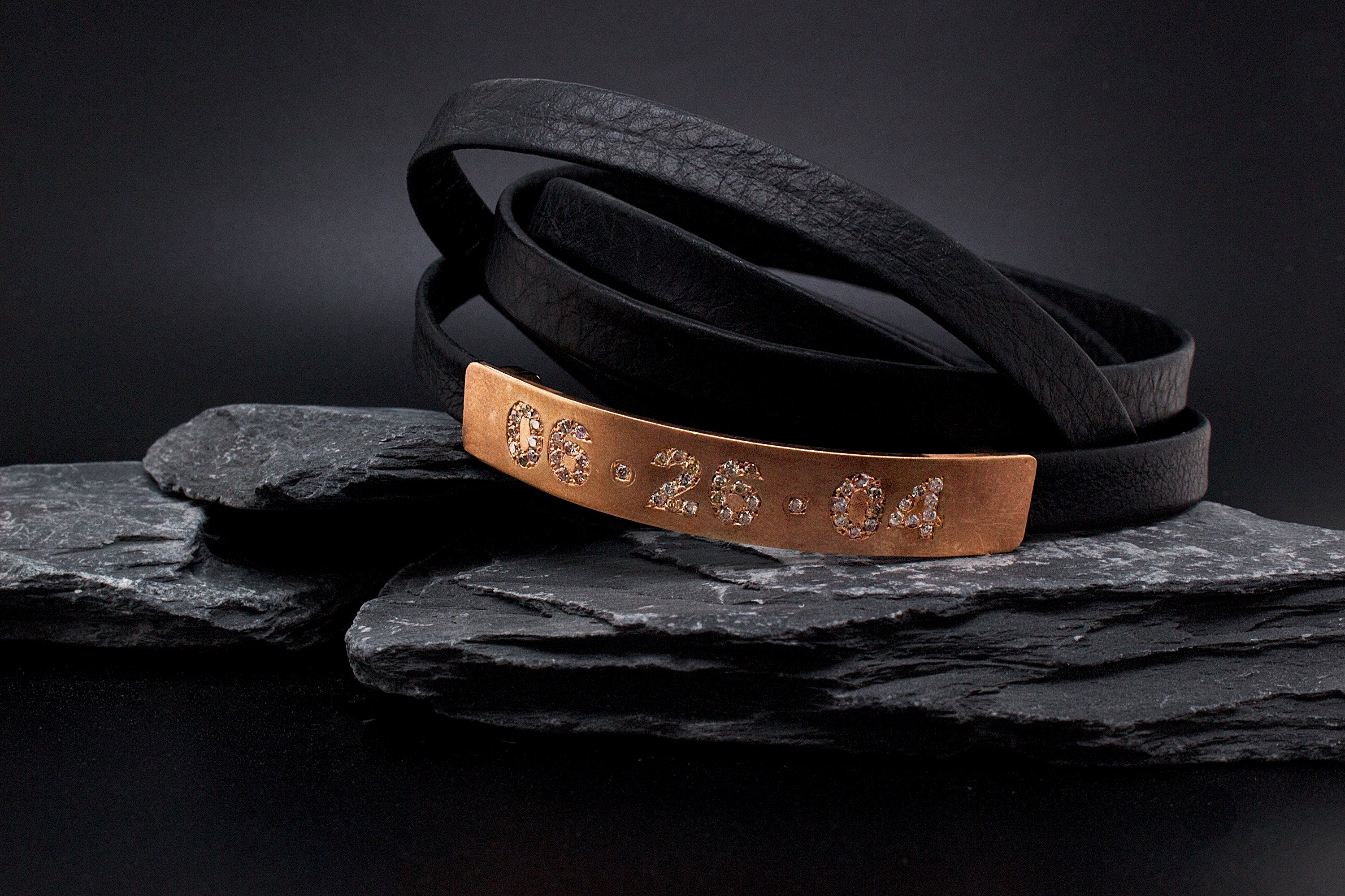 bracelet, bracelet on white background, rose gold bar, solid rose gold bar bracelet, black leather bracelet, scrappy bracelet, leather wrap bracelet, diamond bracelet, personalized date, date bracelet, diamond bar bracelet