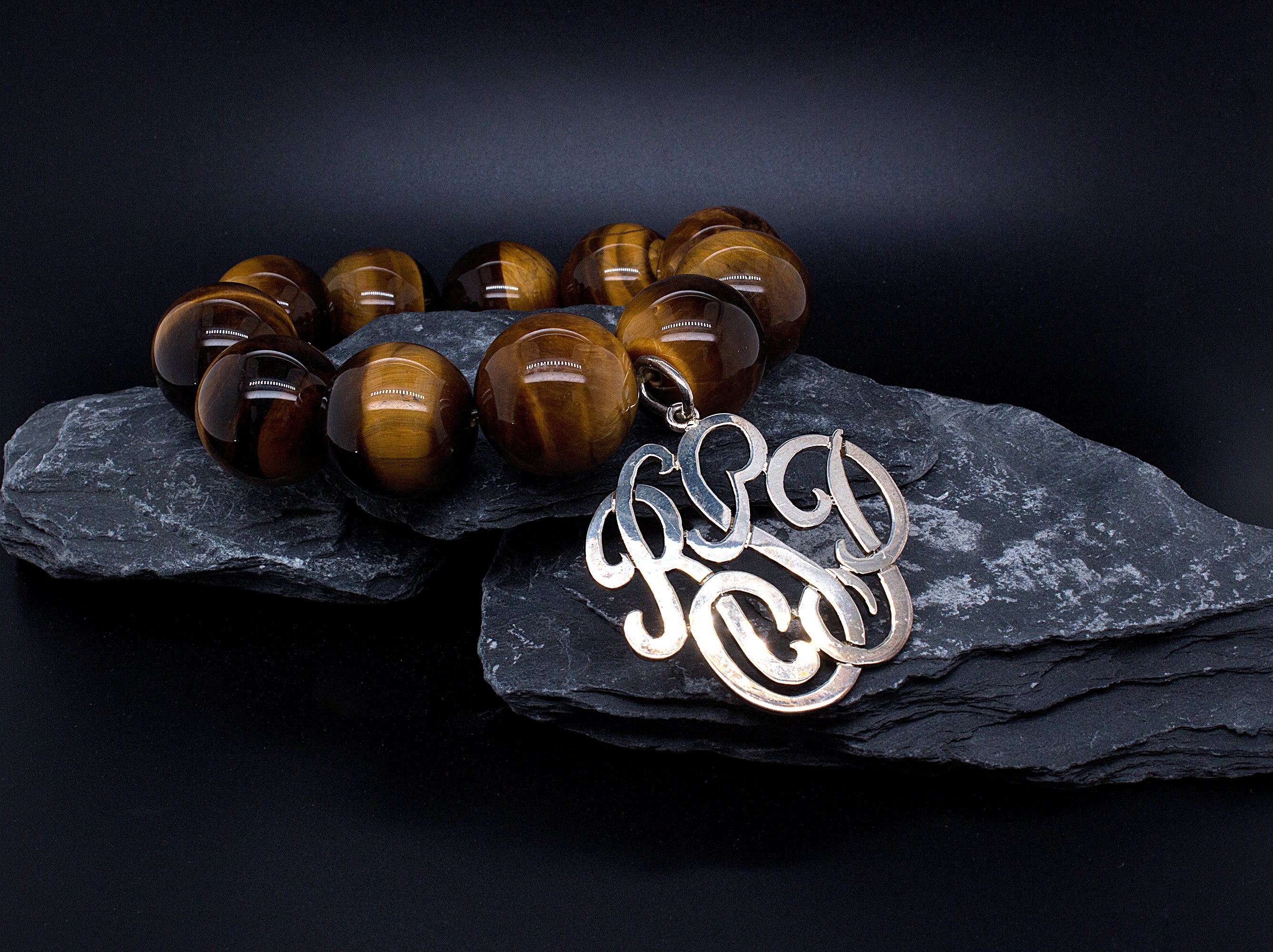 custom bracelet, bracelet, beaded bracelet, tiger eye bracelet, tiger eye beads, large tiger eye beads, custom monogram, silver monogram bracelet, initial bracelet, custom initial