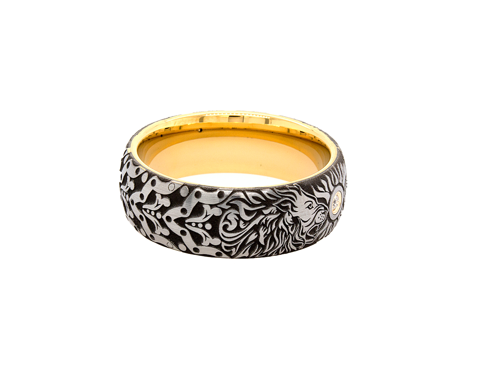 ring, ring with white background, tungsten ring, dome shaped ring, tungsten wedding band, engraved ring, ring with lions, diamond ring, ring with diamond, yellow gold plated ring, unique ring