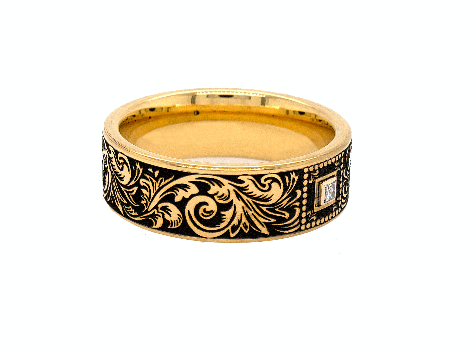 ring, ring with white background, yellow gold plated tungsten, engraved ring, yellow gold plated ring, square shaped ring, diamond ring, wedding band, mens wedding band, women's wedding band