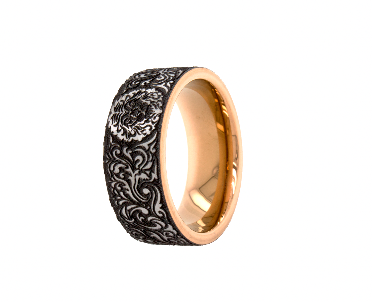 ring, ring with white background, 9mm tungsten ring, rose gold plated ring, thick wedding band, victorian wedding band, ring with lions head, lion ring, wedding band, mens ring, women's ring, rose gold plated tungsten ring, custom ring