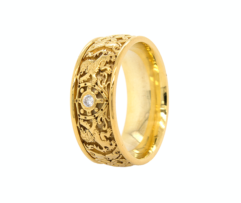 ring, ring on white background, mens ring, womens ring, solid yellow gold ring, gold wedding band, diamond ring, medieval ring, medieval engravings, custom ring, personalized ring, mens ring, womens ring