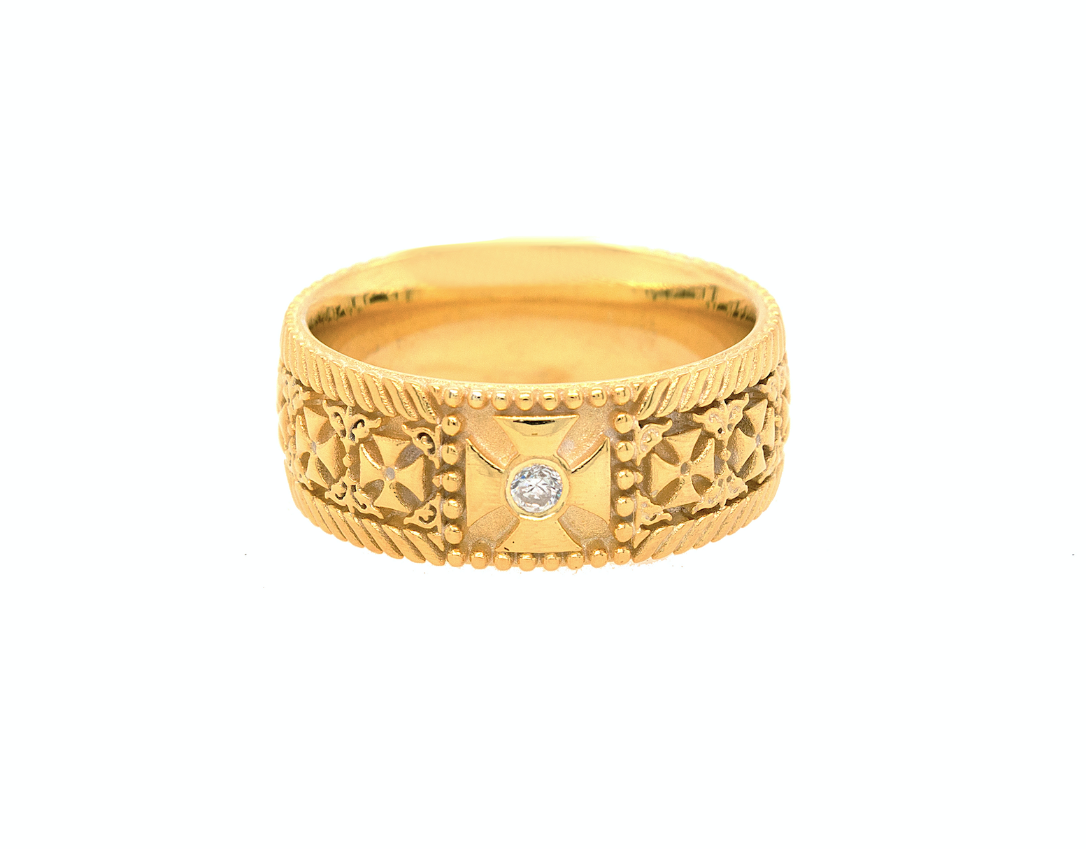 ring, ring on white background, mens ring, womens ring, solid gold ring, solid gold wedding band, 8mm ring, gold ring, cross ring, engraved ring, custom ring, diamond ring, diamond wedding band