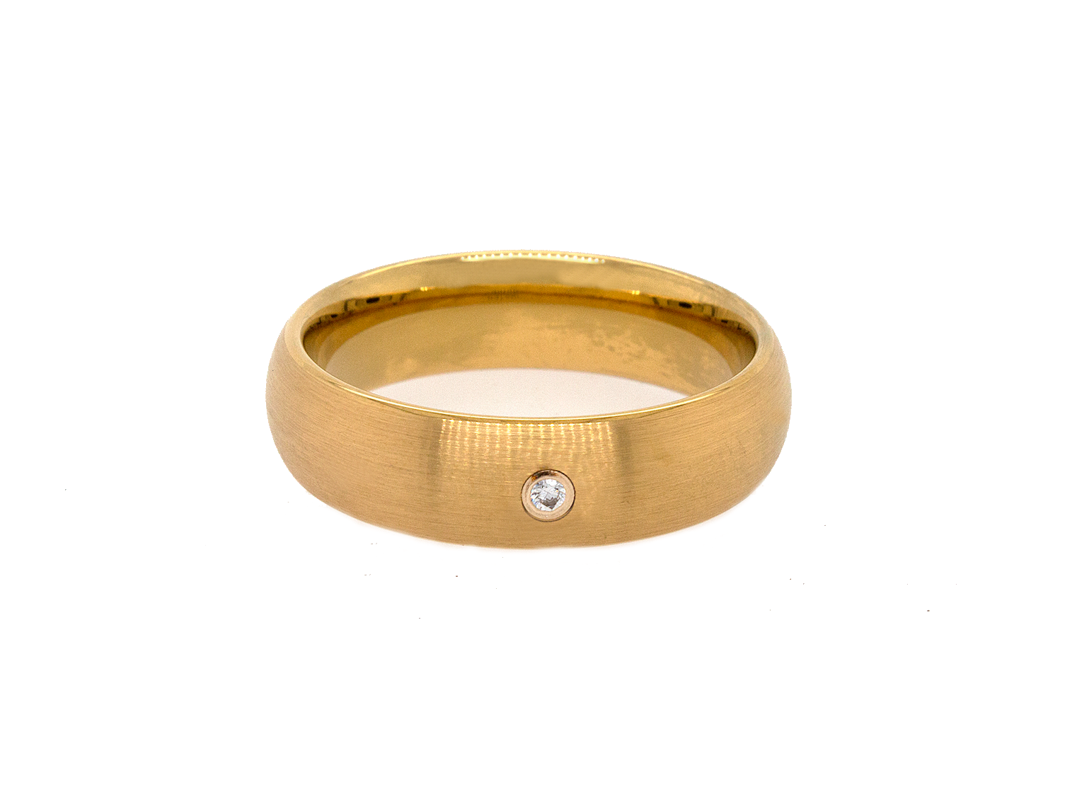 ring, ring on white background, 8mm ring, dome shaped ring, mens ring, women's ring, yellow gold plated ring, yellow gold tungsten, dome shaped tungsten, round shaped diamond, diamond ring, diamond wedding band
