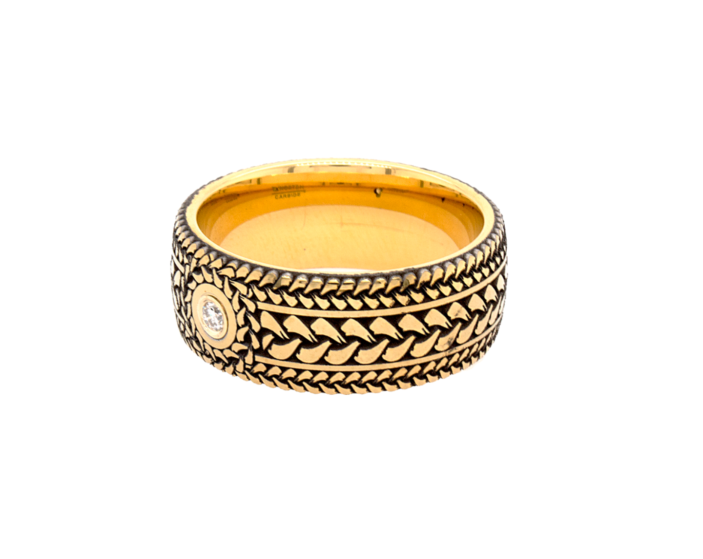 ring, ring on white background, ring with diamond, round cut diamond, engraved ring, braided pattern ring, yellow gold plated ring, 9mm ring, wedding band, mens wedding band