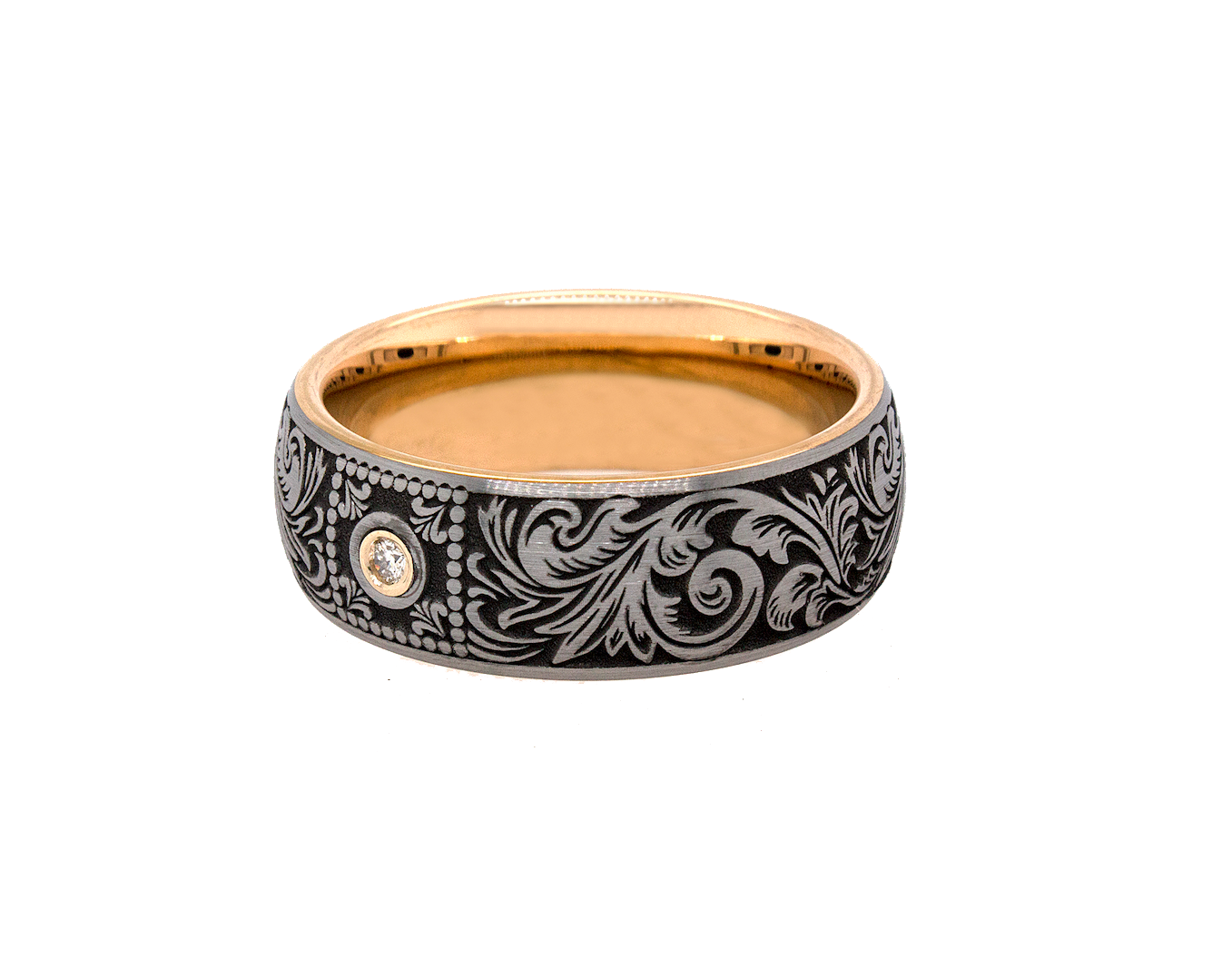 ring, ring with white background, tungsten ring, diamond ring, rose gold plated ring, victorian ring, engraved ring, custom wedding band, diamond wedding ban, round cut diamond, 8mm, 8mm tungsten Edit alt text