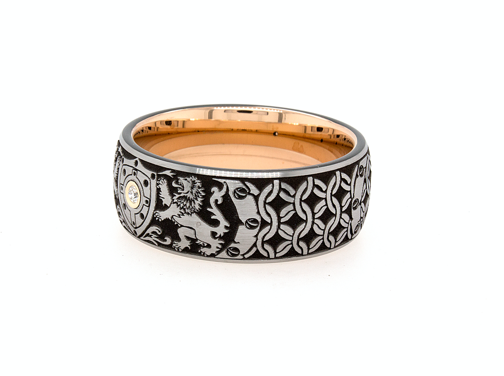ring, ring on white background, mens ring, womens ring, medieval ring, tungsten ring, unisex ring, engraved ring, custom ring, diamond ring, diamond wedding band, diamond tungsten ring, rose gold plated interior, brushed exterior