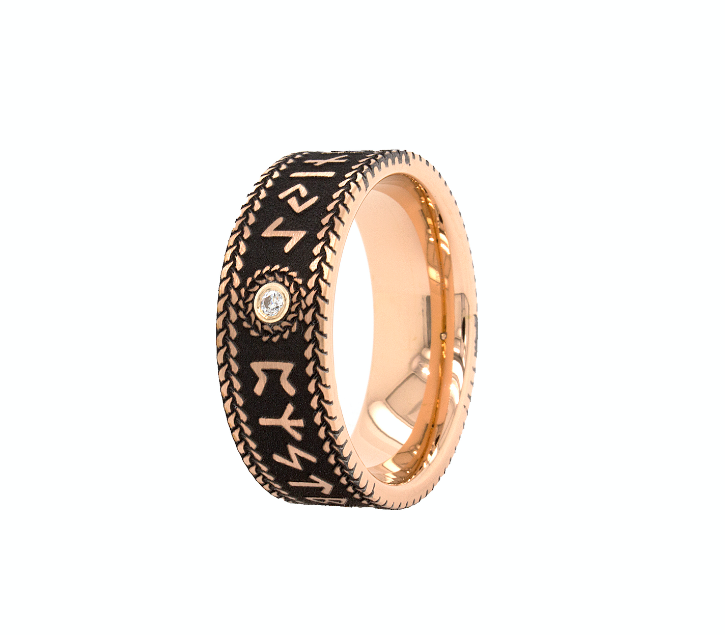 ring, ring on white background, tungsten ring, rose gold plated ring, runic ring, diamond ring, round shaped diamond, runes, nordic runes, personalized ring, custom made ring