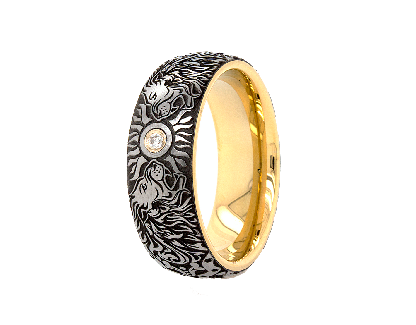 ring, ring with white background, tungsten ring, dome shaped ring, tungsten wedding band, engraved ring, ring with lions, diamond ring, ring with diamond, yellow gold plated ring, unique ring