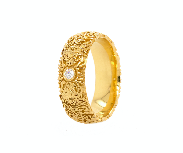ring, ring on white background, mens ring, womens ring, solid gold ring, solid yellow gold ring, solid gold ring with diamond, diamond ring, medieval ring, lion ring, custom ring, engraved ring