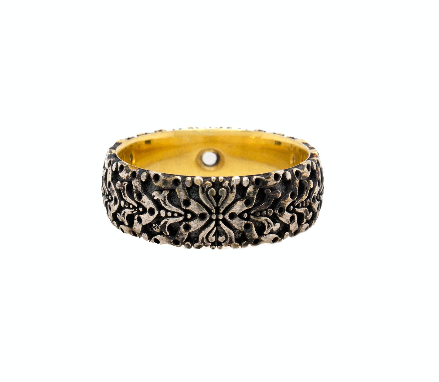 ring, ring on white background, mens rings, women's rings, ring with yellow gold plated interior, engraved ring, ring with lion heads, diamond ring, silver ring, sterling silver ring, medieval ring